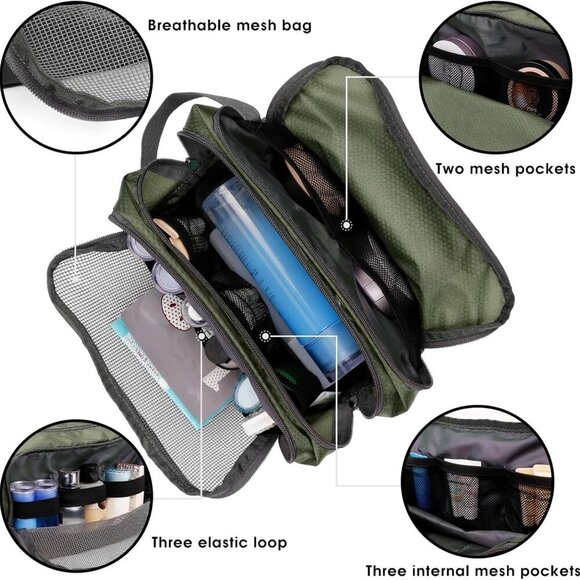 Men's Hanging Toiletry Bag - Water Resistant Dopp Kit for Travel - Army Green - Picture 5 of 8